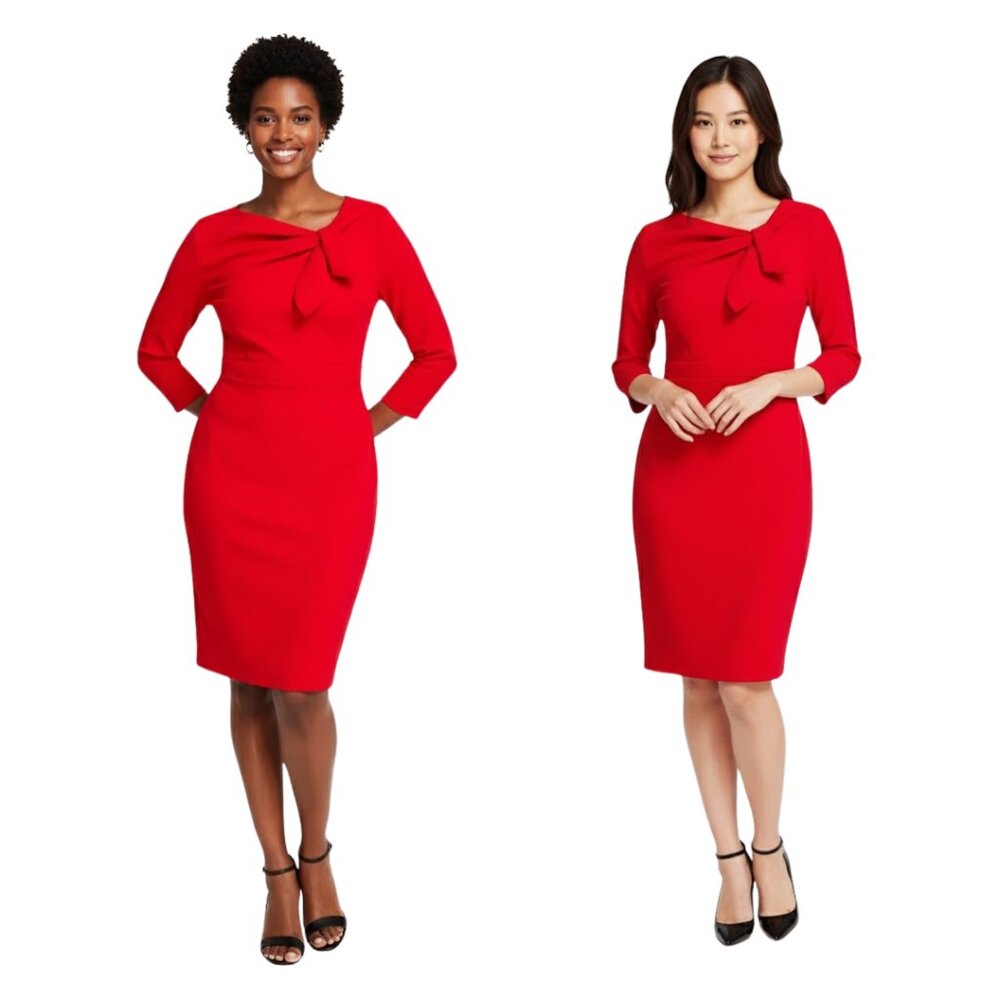 Calvin Klein Bow-Neck Scuba Crepe 3/4 Sleeve Sheath Dress Red 6 EUC Professional